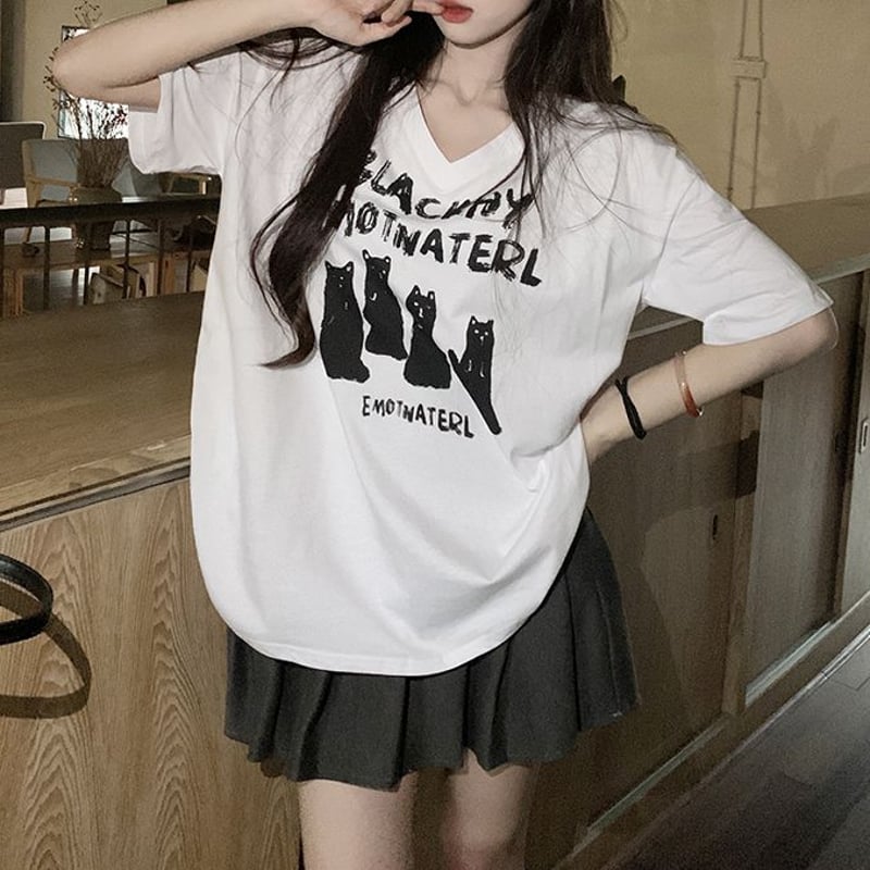 Tシャツ 猫プリント Vネック トップス 半袖 オーバーサイズ