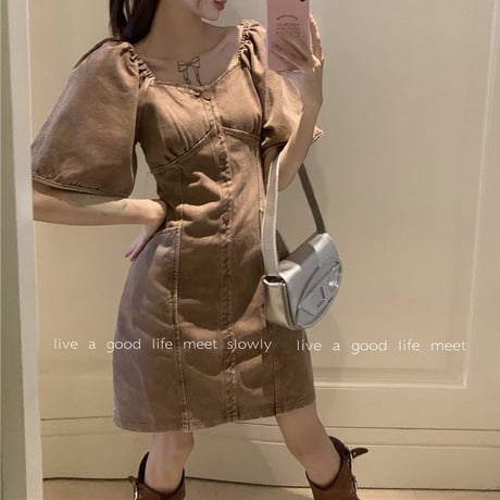 デニムワンピース 2WAY スクエアネック オフショルダー オフショル パフスリーブ デニム ワンピース ミニワンピース ハイウエスト 大人可愛い ガーリー DTC-710224835437