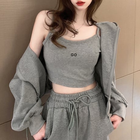 セットアップ 3点セット スウェット パーカー ジップアップ ショート丈 キャミソール タンクトップ パンツ ボトムス 長袖 ルーズ レトロ カジュアル DTCA-685560674661