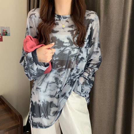 タイダイ柄 tシャツ シアートップス 薄手 クルーネック シアーtシャツ トップス オーバーサイズ ゆったり ルーズ 長袖 レトロ 大人可愛い ガーリー DTCA-745927970542