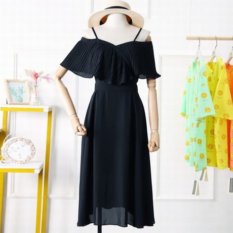 レディース フリルオフショルダーワンピース プリーツフリルワンピース バックシャン 春コーデ 夏コーデ 韓国ファッション (DCT-594465081799)