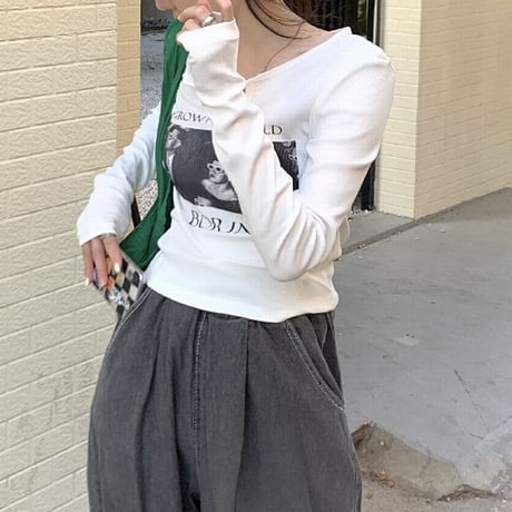 【3カラー】 Tシャツ 長袖 キーネック ショート丈 ロンT カットソー レトロ 韓国ファッション レディース 大人可愛い ガーリー カジュアル DTC-666641340557