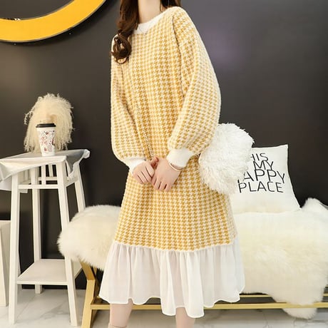 千鳥格子 ニットワンピース 裾フレア チェック柄 フィッシュテール ワンピース 長袖 ゆったり レトロ 韓国ファッション レディース 大人可愛い ガーリー DTC-656290162250