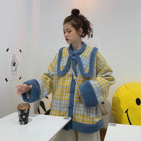 ボアブルゾン チェック柄 大きい襟 韓国ファッション レディース ジャケット ショートコート ボア ボアジャケット ガーリー (DTC-608932491876)