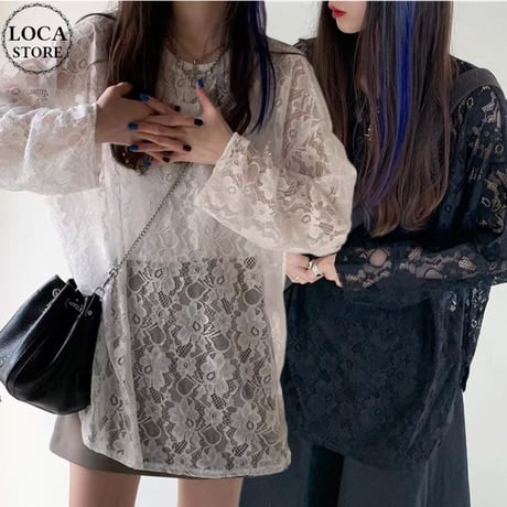 フラワーレース tシャツ 透け感 トップス ホワイト ブラック クルーネック レース ロンT 長袖 レトロ 大人可愛い ガーリー DTCA-865166902200