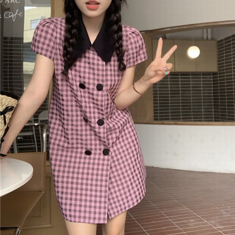チェック柄 ワンピース ダブルボタン 襟付き ミニワンピース 半袖