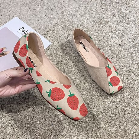 パンプス フルーツ柄 フラットシューズ ぺたんこ 韓国ファッション レディース シンプル フラットパンプス シューズ いちご柄 パイナップル柄 チェリー柄 かわいい 610995457990