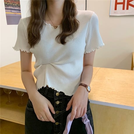 ウェーブヘム リブニット サマーニット Tシャツ 半袖 ラウンドネック トップス 韓国ファッション レディース カットソー シンプル 大人可愛い ガーリー DTC-639423318201