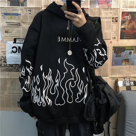プルオーバー パーカー ユニセックス プラスベルベット 韓国ファッション メンズ レディース ファイヤーパターン プリント オーバーサイズ ストリート カジュアル DTC-605915772267