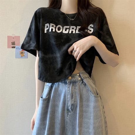 タイダイ柄 Tシャツ ショート丈 ロゴ 半袖 ルーズ レトロ カジュアル 韓国ファッション レディース 大人可愛い ガーリー DTC-767804771620