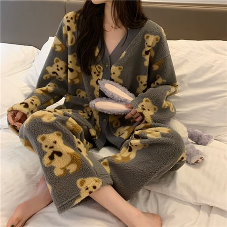 ルームウェア パジャマ セットアップ 上下セット クマ柄 ベアー もこもこ ボア 部屋着 寝間着 大人可愛い ガーリー フェミニン DTC-631259004557