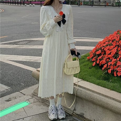ワンピース リボン フリル 裏起毛 Vネック ハイウエスト ロング丈 Aライン 長袖 レトロ 韓国ファッション レディース 大人可愛い ガーリー フェミニン DTC-664791241864