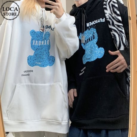ユニセックス パーカー プルオーバー クマプリント 裏起毛 長袖 オーバーサイズ カジュアル 韓国ファッション メンズ レディース 韓国ストリートファッション DTC-683951657851