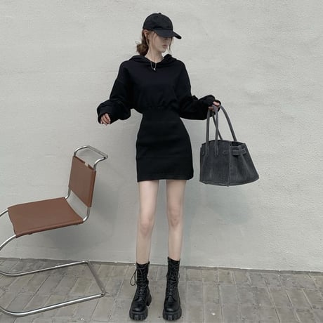 フード付き ワンピース ハイウエスト ミニワンピース パーカーワンピース スウェット 長袖 レトロ 韓国ファッション レディース 大人可愛い ガーリー DTCA-661706775371