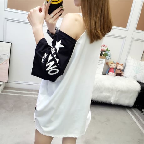 レディース 肩開き 肩出し バイカラー Tシャツ ゆったり 半袖 チュニック オフショルダー 韓国ファッション オルチャン (DCT-586776858110)