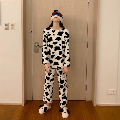 【ルームウェア】 パジャマ セットアップ 牛柄 長袖 韓国ファッション レディース 折り襟 トップス + パンツ 上下セット レトロ DTC-627968674816