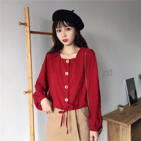 ショートブラウス レッド 韓国ファッション レディース ブラウス ショート丈 パフスリーブ フロントボタン スクエアカラー シンプル 春 秋 韓国 (DTC-602170535172_red)
