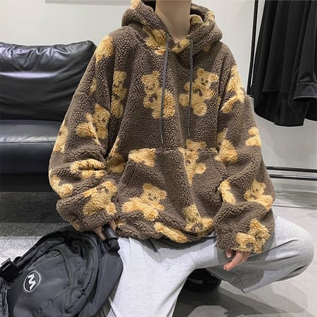 ユニセックス プルオーバー ボアフリースパーカー メンズ レディース 英字 クマちゃん ベアー プリント オーバーサイズ ルーズ ストリート系 ファッション TBN-629554274748