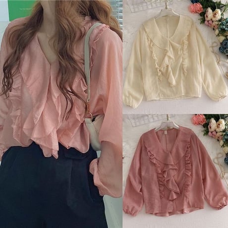 フリル ブラウス Vネック 長袖 韓国ファッション レディース トップス ゆったり カットソー 大人可愛い ガーリー DTC-623229289562