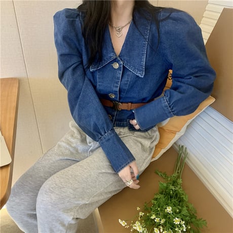 デニムジャケット ベルト付き デニムシャツ パフスリーブ ショート丈 長袖 ルーズ ゆったり レトロ 韓国ファッション レディース 大人可愛い ガーリー カジュアル DTC-654163811428