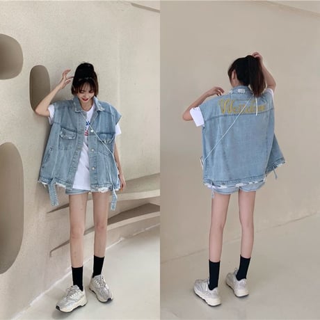 デニムベスト ケミカルウォッシュ加工 刺繍 韓国ファッション レディース ベスト デニムジャケット ジージャン Gジャン DTC-611413811422