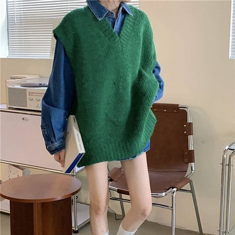 ニットベスト Vネック オーバーサイズ シンプル レトロ 韓国ファッション レディース ガーリー カジュアル 大人カジュアル DTC-667685947574