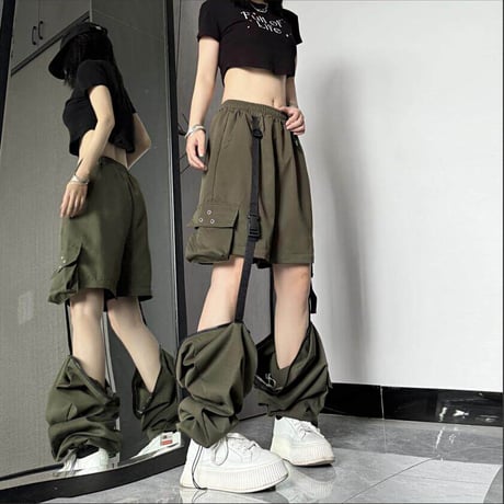 2WAY カーゴパンツ ワイドパンツ バックルベルト ストラップ ミリタリーパンツ アシンメトリー ウエストゴム 韓国ファッション レディース カジュアル DTC-656242658198_2