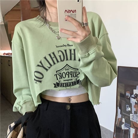 【3カラー】クロップドトップス トレーナー 不規則デザイント クロップド丈 ルーズ 長袖 韓国ファッション レディース カジュアル 韓国ストリートファッション DTC-682509759583