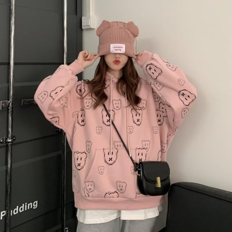 パーカー クマちゃん プラスベルベット プルオーバー 韓国ファッション レディース ルーズ ゆったり カジュアル ストリート系 DTC-632243442587