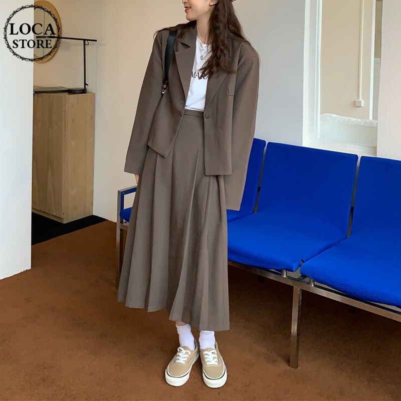 プリーツプリーズ　上下ロングスカートセットアップ セットアップ ジャケット プリーツスカート ブラウン ロングスカート