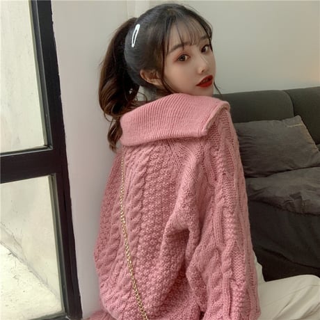 プルオーバー ハーフジップアップ ニット セーター ピンク 韓国 ファッション レディース ケーブル編み オフショルダー ハイネック (DTC-606566990698)