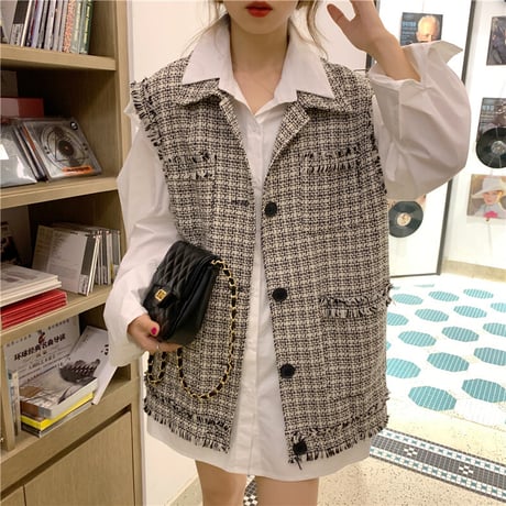 着回し力抜群 チェック柄 ベスト ツイード 韓国ファッション レディース 折襟 フリンジ ルーズ DTC-624390392508