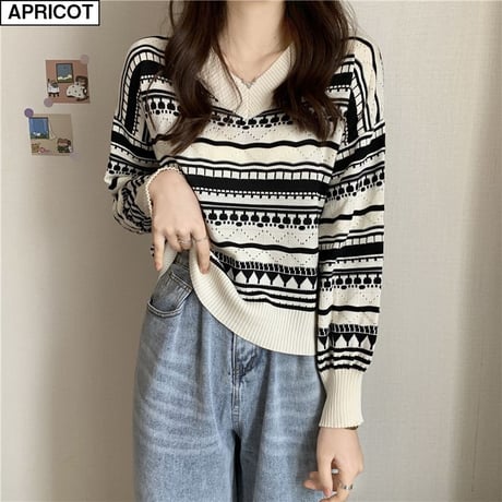 ニットセーター ジャカード Vネック ショート丈 長袖 ルーズ レトロ 韓国ファッション レディース 大人可愛い ガーリー DTC-658384210039