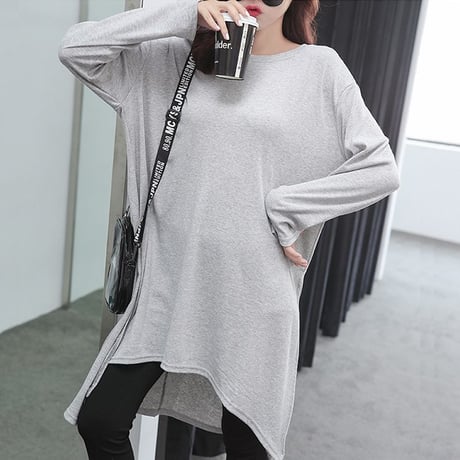 スリットTシャツ ロング丈 全3色 韓国ファッション レディース チュニック ワンピース ゆったり ラウンドネック 無地 ストリート (1RIRIT-025)