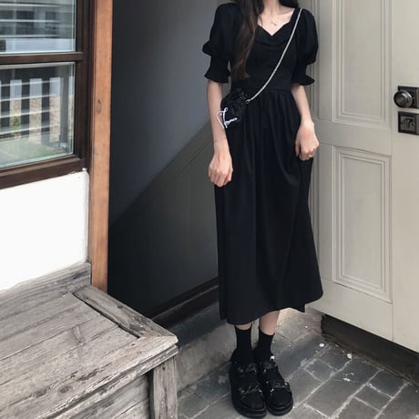 ワンピース ブラック Vネック パフスリーブ 半袖 ハイウエスト Aライン ロング丈 薄手 韓国ファッション レディース 大人可愛い ガーリー DTC-652574315854