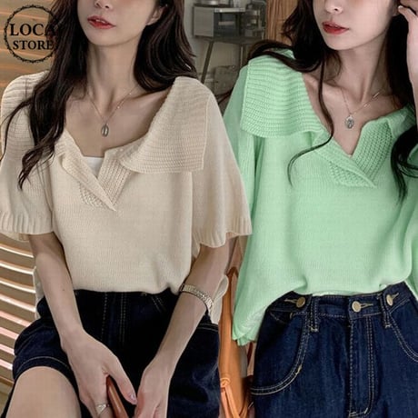 サマーニット トップス ブラウス サマーセーター Tシャツ 韓国ファッション レディース 半袖 薄手 大人可愛い ガーリー フェミニン DTC-641191380432