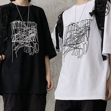 ユニセックス Tシャツ 半袖 メンズ レディース ラウンドネック 英字 グラフィティプリント オーバーサイズ 大きいサイズ ルーズ ストリート TBN-613494810897