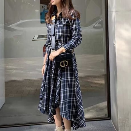 チェック柄 シャツワンピース イレギュラーヘム Aライン ハイウエスト ロングワンピース 不規則 ルーズ 長袖 レトロ 大人可愛い ガーリー カジュアル DTCA-679117868981