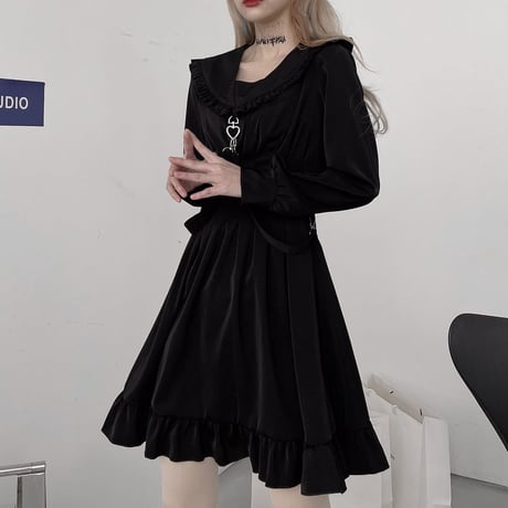【2カラー】 ワンピース フリル襟 ストラップ ハイウエスト Aライン 長袖 韓国ファッション レディース 大人可愛い ガーリー フェミニン ゴシック 暗黒系 DTC-624472065156