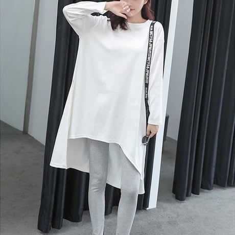 スリットTシャツ ロング丈 全3色 韓国ファッション レディース チュニック ワンピース ゆったり ラウンドネック 無地 ストリート (1RIRIT-025)
