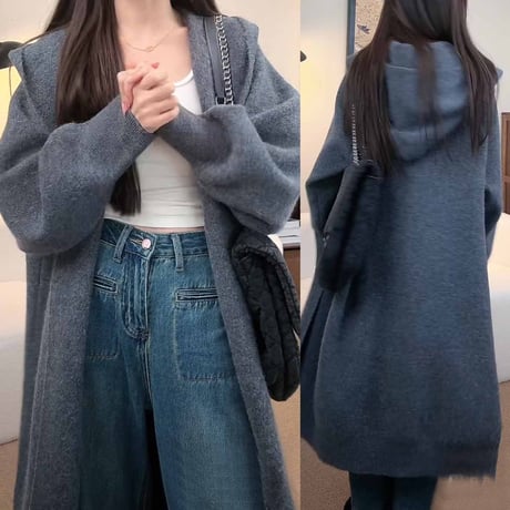 フード付き ロングニットカーディガン ニット ロング丈 カーディガン コーディガン 長袖 ゆったり ルーズ レトロ 大人可愛い ガーリー カジュアル DTCA-823949826525