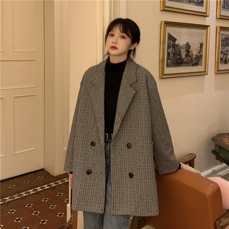 チェック柄 テーラードジャケット 厚手 キルティング ダブルブレスト 韓国ファッション レディース ロングジャケット ルーズ 長袖 大人可愛い ガーリー DTC-628946879075