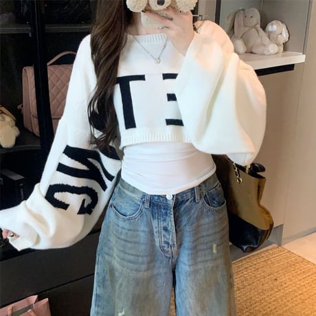 ニット クロップド丈 ビッグロゴ プルオーバー トップス ジャカード セーター クルーネック 長袖 ゆったり ルーズ レトロ 大人可愛い ガーリー カジュアル DTCA-985734235983