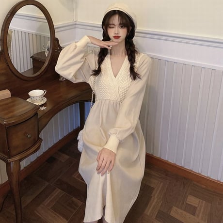 ワンピース Vネック 長袖 ハイウエスト ルーズ 韓国ファッション レディース ランタンスリーブロング丈 秋冬 ゆったり 大人可愛い ガーリー DTC-631969939063