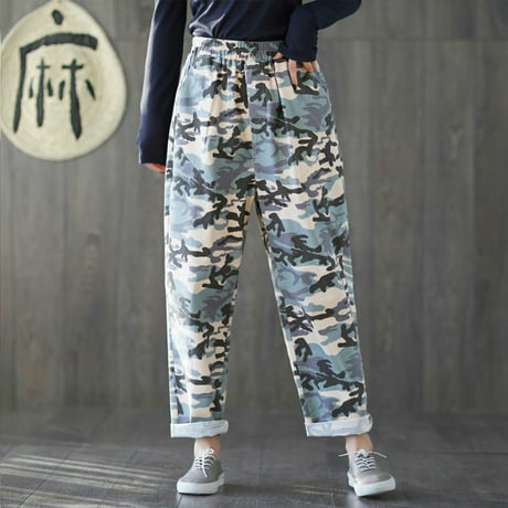 レディース 迷彩柄カジュアルワイドレッグパンツ ハーランパンツ ウエストゴム ゆったりシルエット (DCT-585634250661)