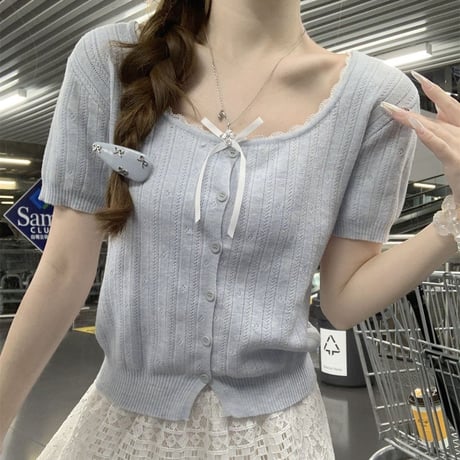 ニット tシャツ リボン レース ショート丈 薄手 スクエアネック トップス スリムフィット タイトフィット 半袖 レトロ 大人可愛い ガーリー DTCA-927556917788