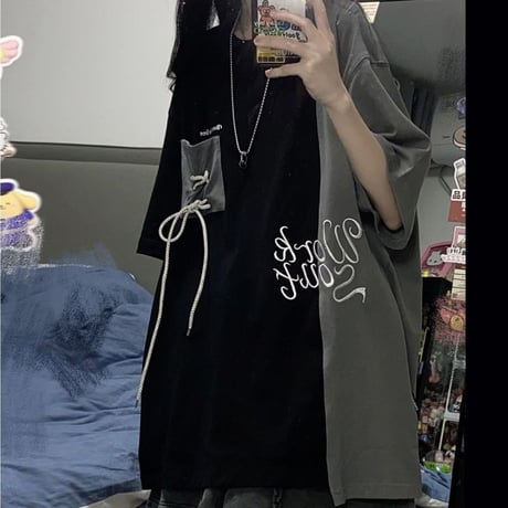 Tシャツ バイカラー 刺繍 シューレース 半袖 オーバーサイズ レトロ カジュアル 韓国ファッション レディース 韓国ストリートファッション DTC-675101274087