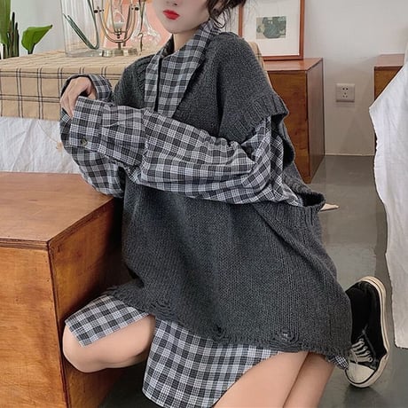 セットアップ チェック柄シャツ ダメージ加工 ニットベスト ルーズ ニット 秋 冬 韓国ファッション レディース ガーリー (DTC-601823900318_003)