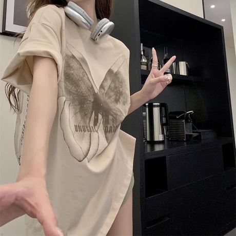 Tシャツ バタフライ オーバーサイズ クルーネック トップス 半袖 レトロ 韓国ファッション レディース 大人可愛い ガーリー カジュアル DTC-a770020975996