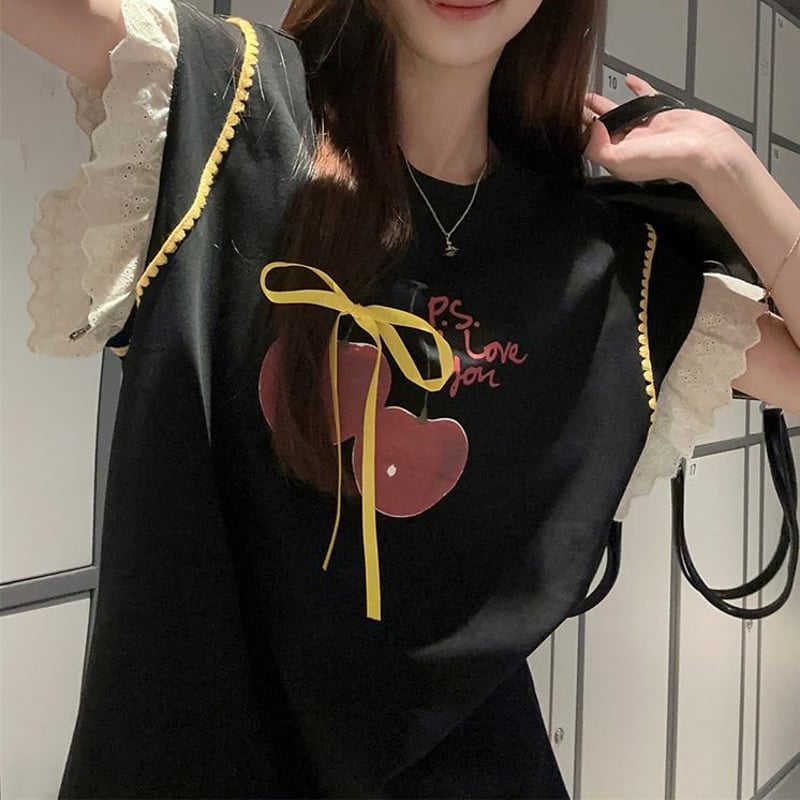 Tシャツ リボン さくらんぼプリント フライングスリーブ レース
